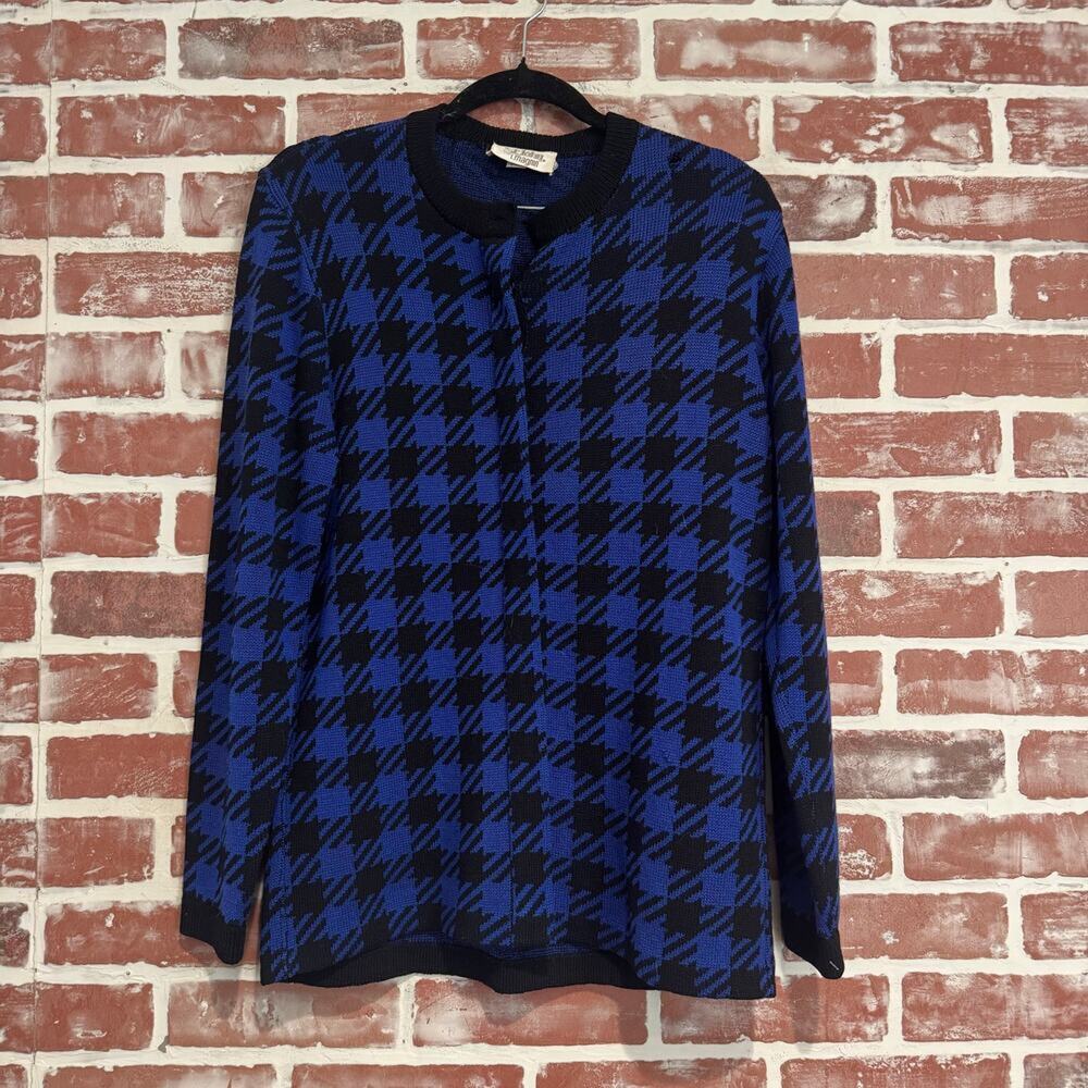 St. john for I.Magnin Vintage Blue Black Checkered Plaid Cardigan Sweater Small